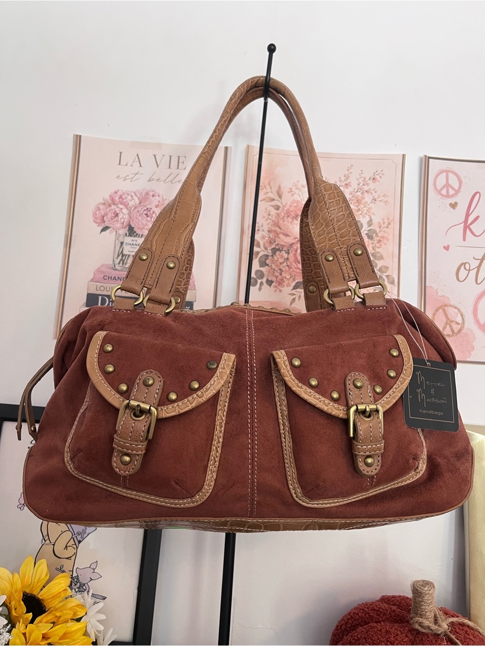 Mercer & Madison Cognac Suede Studded Satchel